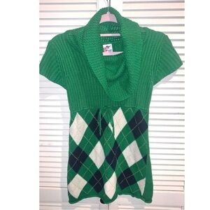 Vintage Green Cowl Neck Sweater with Argyle Pattern